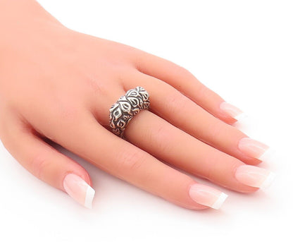 925 Sterling Silver Vintage Ring Solid Domed Carved Leaves  Sz 6 RG28642