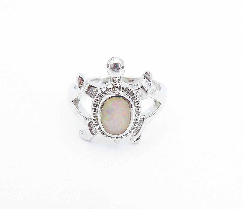 925 Sterling Silver  Fire Opal Turtle Motif Shiny Band Ring Sz 7.5  RG8226