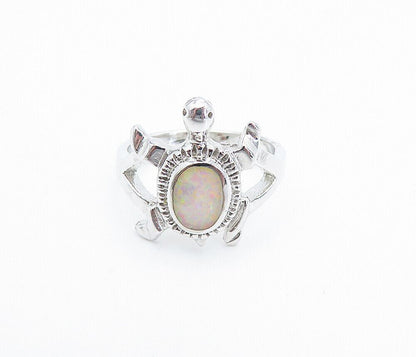 925 Sterling Silver  Fire Opal Turtle Motif Shiny Band Ring Sz 7.5  RG8226