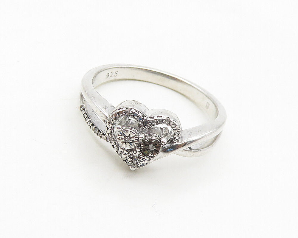 925 Sterling Silver  Genuine Diamonds Love Heart Shiny Band Ring Sz 7  RG17670