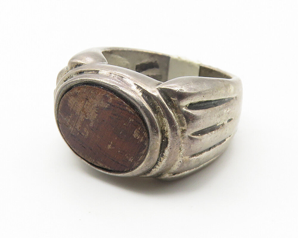 925 Sterling Silver  Vintage Wooden Detail Ribbed Dome Band Ring Sz 7  RG11578