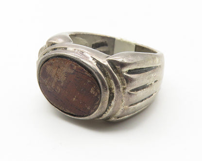925 Sterling Silver  Vintage Wooden Detail Ribbed Dome Band Ring Sz 7  RG11578