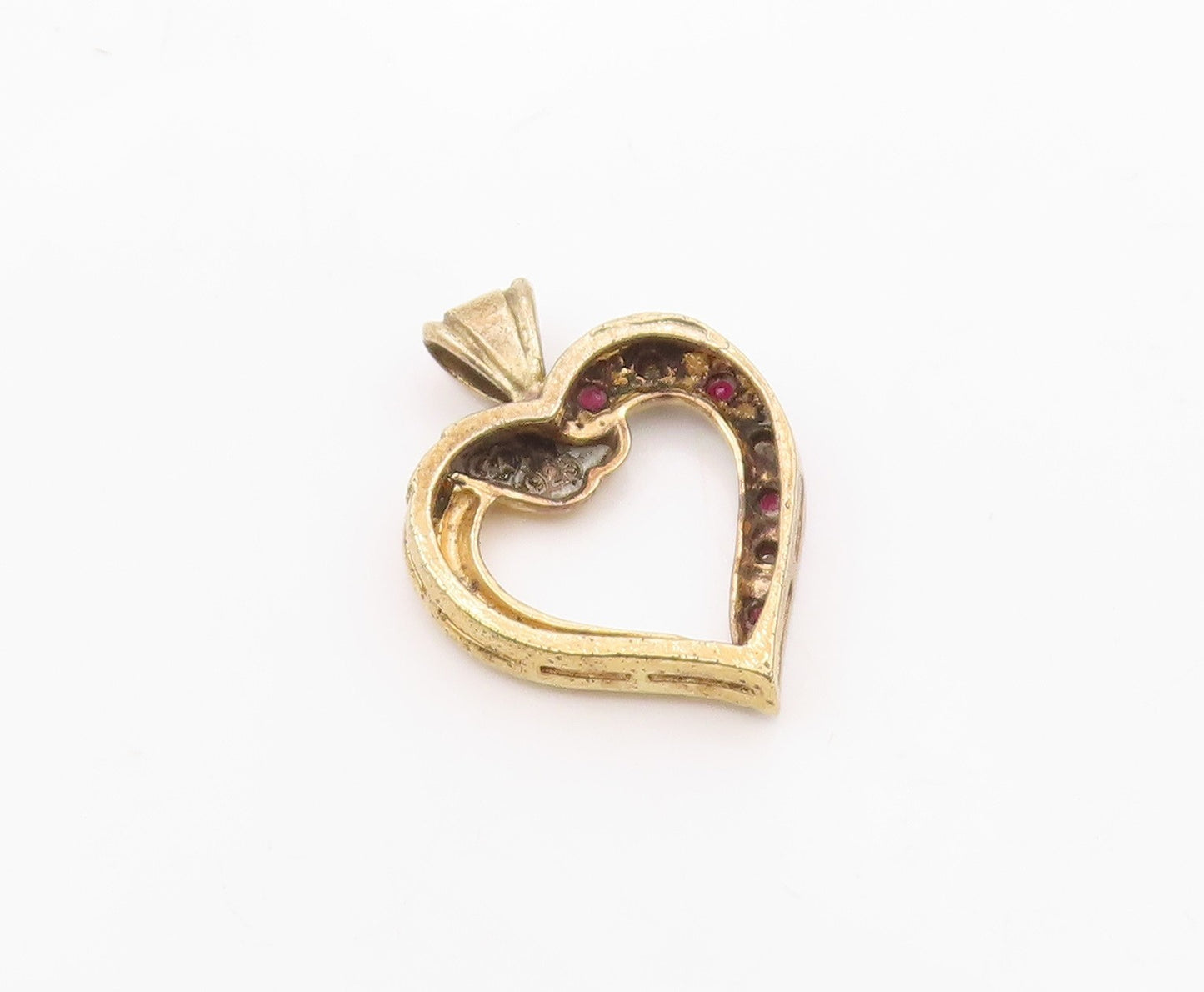 925 Sterling Silver  Vintage Genuine Diamond & Ruby Heart Pendant  PT16675