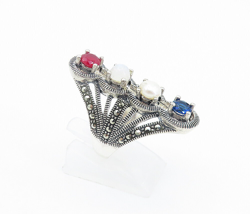 925 Silver  Vintage Pearl Moonstone & Topaz Split Cocktail Ring Sz 6  RG8127