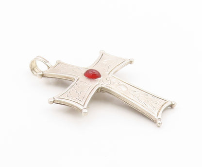 925 Sterling Silver Vintage Pendant Carnelian Modernist Religious Cross  PT26259