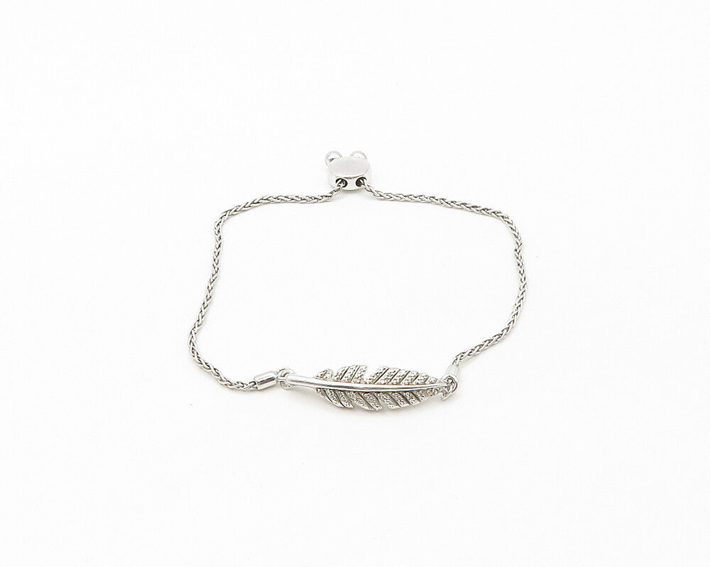 925 Sterling Silver  Genuine Diamonds Feather Motif Chain Bracelet  BT6745