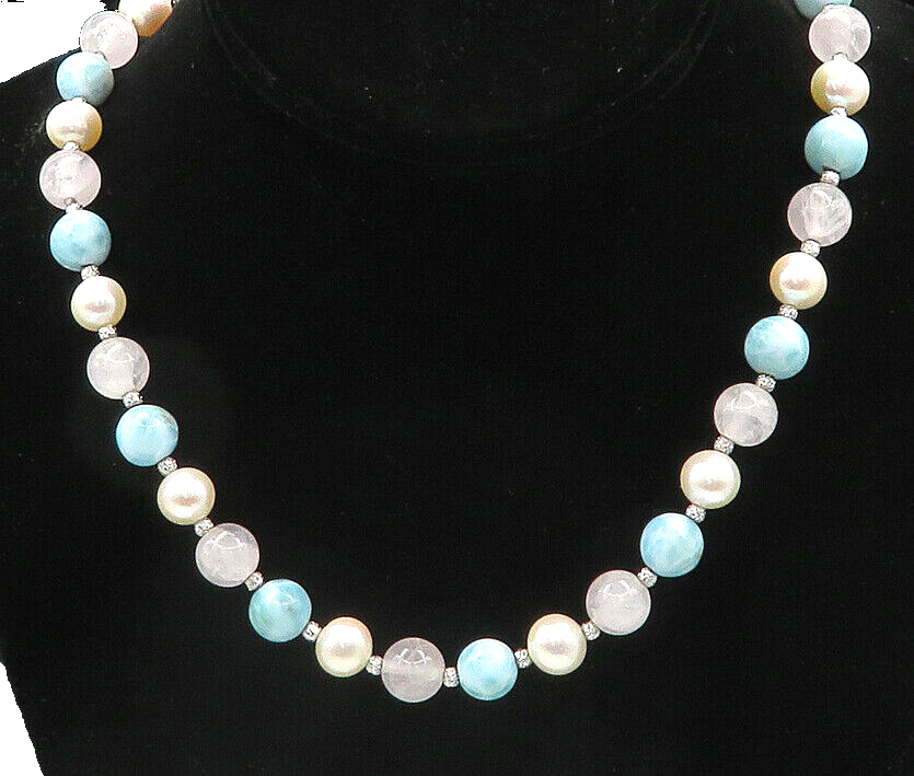 925 Silver  Vintage Pearls Rose Quartz & Larimar Beaded Chain Necklace  NE3385