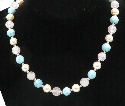 925 Silver  Vintage Pearls Rose Quartz & Larimar Beaded Chain Necklace  NE3385
