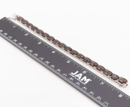 925 Sterling Silver Vintage Bracelet Faceted Smoky Quartz Tennis Link  BT12120