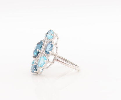 925 Sterling Silver Vintage Ring White & Blue Topaz Star Flower  Sz 7  RG29697
