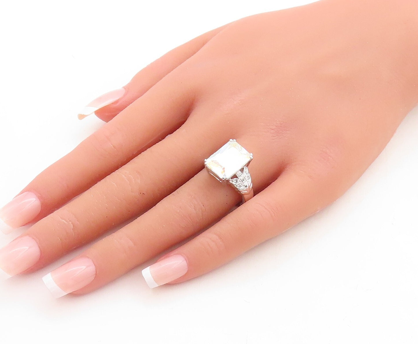 925 Sterling Silver Vintage Ring Rectangle Cut Mystic Stone & CZ  Sz 8  RG31180