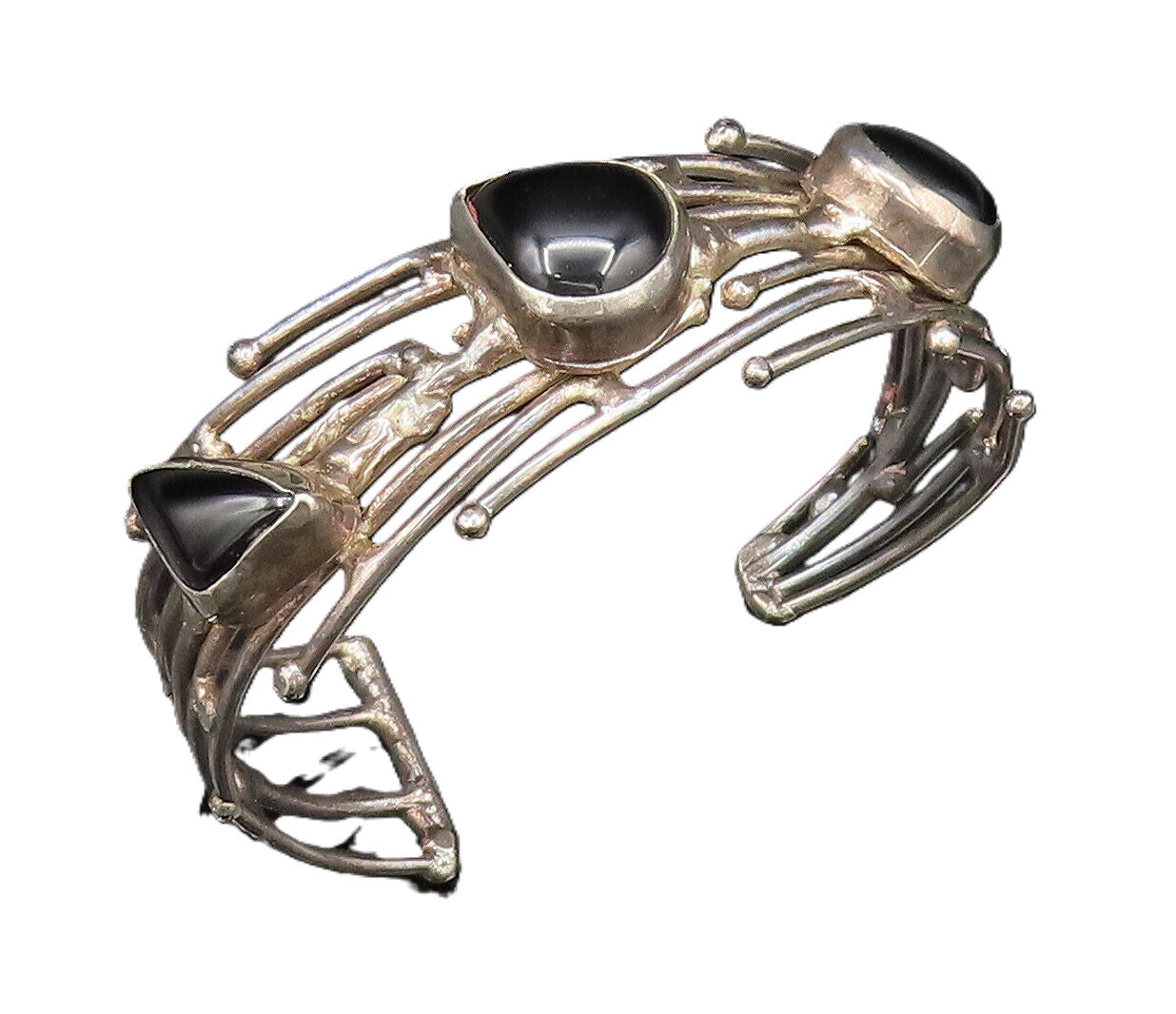 925 Silver  Vintage Multi Shaped Black Onyx Open Rows Cuff Bracelet BT9665
