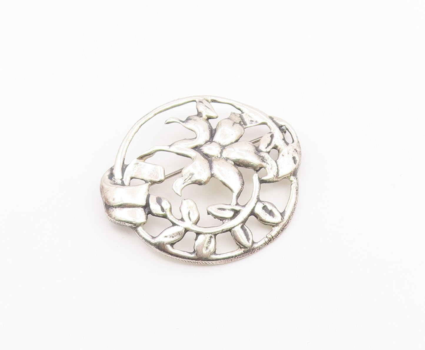 925 Sterling Silver  Vintage Shiny Round Floral Vine Motif Brooch Pin  BP5713