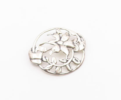 925 Sterling Silver  Vintage Shiny Round Floral Vine Motif Brooch Pin  BP5713