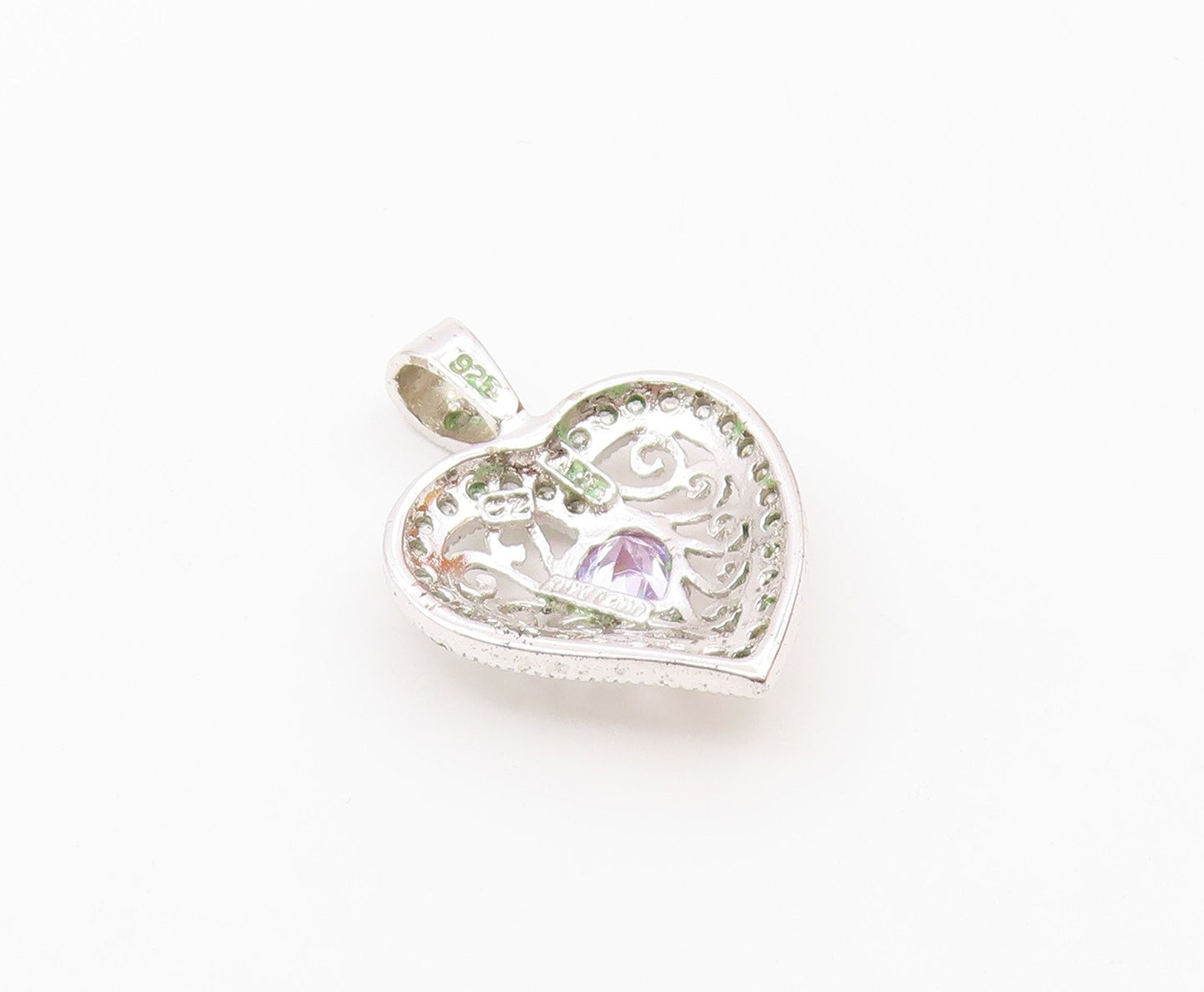 925 Sterling Silver  Vintage Quartz & Topaz Scroll Love Heart Pendant  PT20231