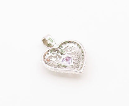925 Sterling Silver  Vintage Quartz & Topaz Scroll Love Heart Pendant  PT20231