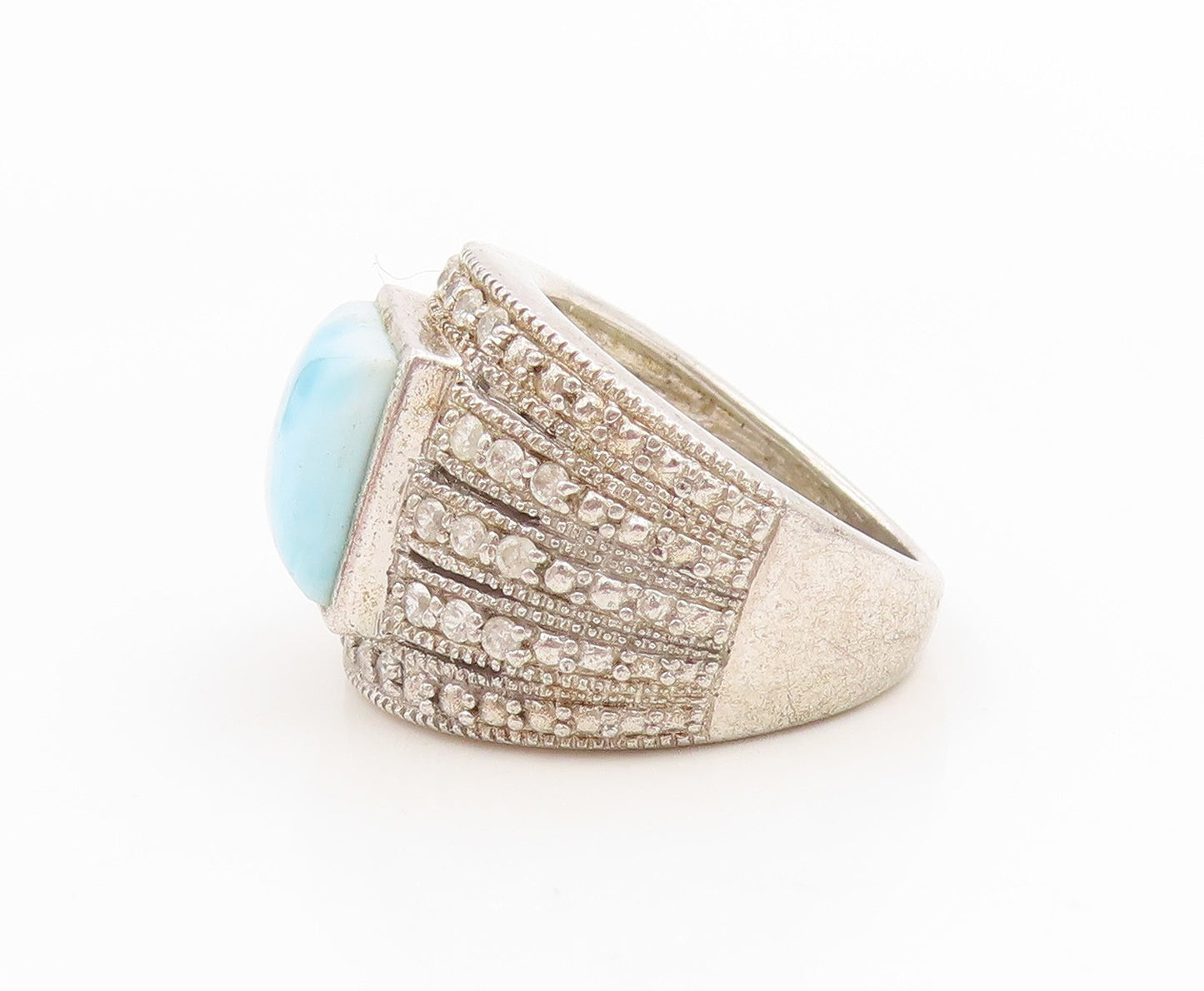 925 Sterling Silver Vintage Ring Larimar & Multi Row Topaz Band  Sz 5  RG35954