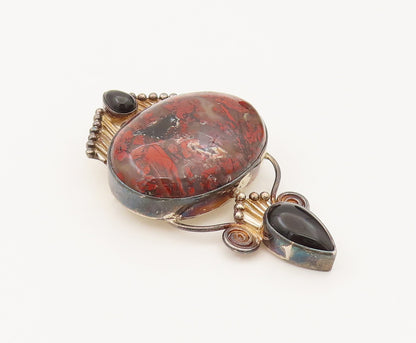 SAJEN 925 Silver  Vintage Brecciated Jasper & Black Onyx Brooch Pin  BP10226