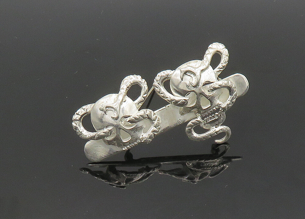 925 Sterling Silver  Vintage Skeleton Head With Snakes Brooch Pin  BP8179