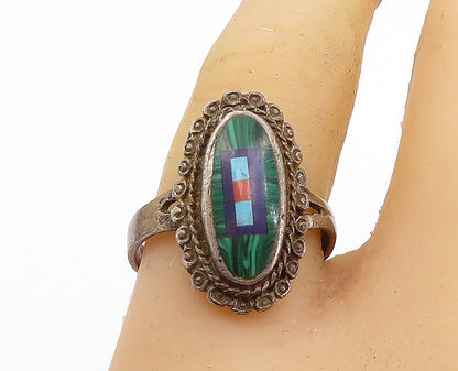 925 Silver Vintage Antique Malachite & Multi Stone Cocktail Ring Sz 8 RG7029