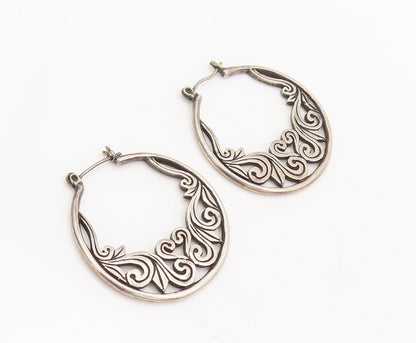 925 Sterling Silver  Vintage Cutout Carved Swirly Heart Round Earrings EG12504