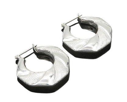 925 Sterling Silver  Vintage Shiny Textured Hollow Hoop Earrings  EG10410