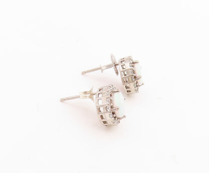 925 Sterling Silver Vintage Earrings Oval Fire Opal Halo CZ  EG13252