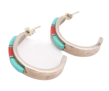 925 Sterling Silver Vintage Earrings NAVAJO ZUNI Turquoise Open Hoops  EG13184