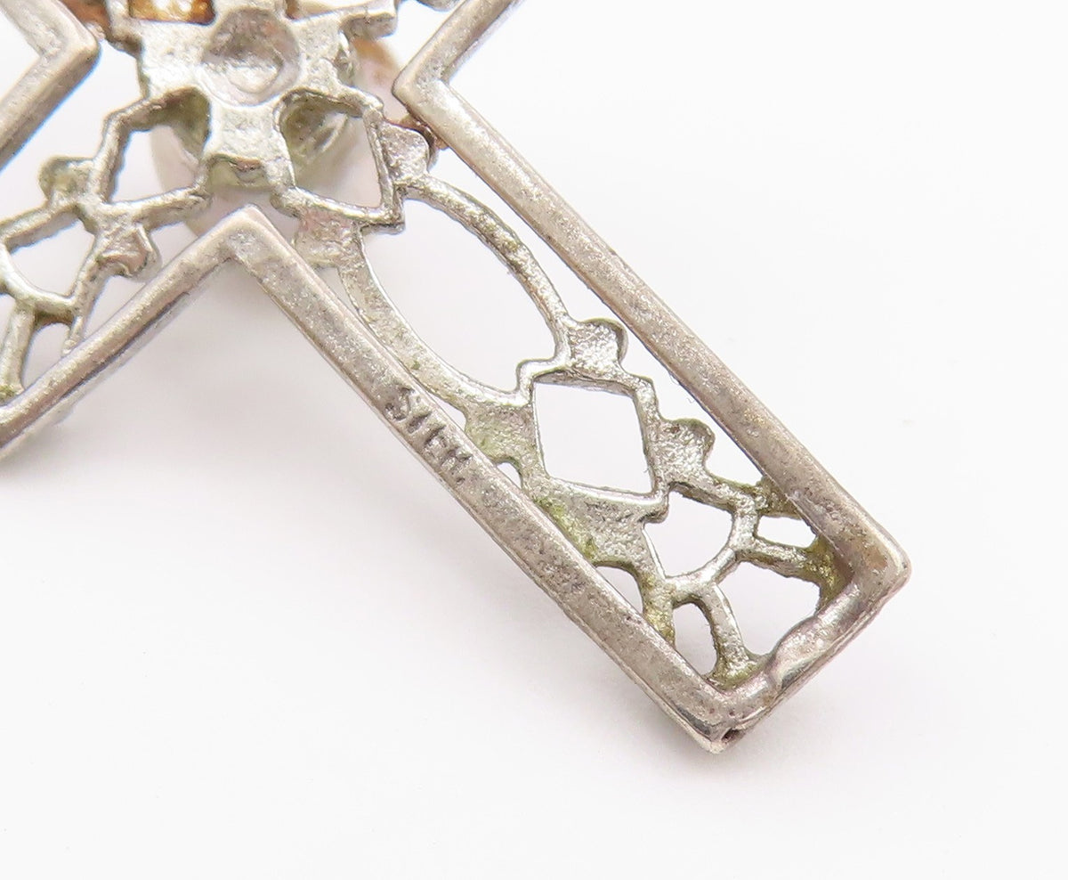 925 Silver  Vintage Openwork Religious Cross Fresh Water Pearl Pendant PT21319