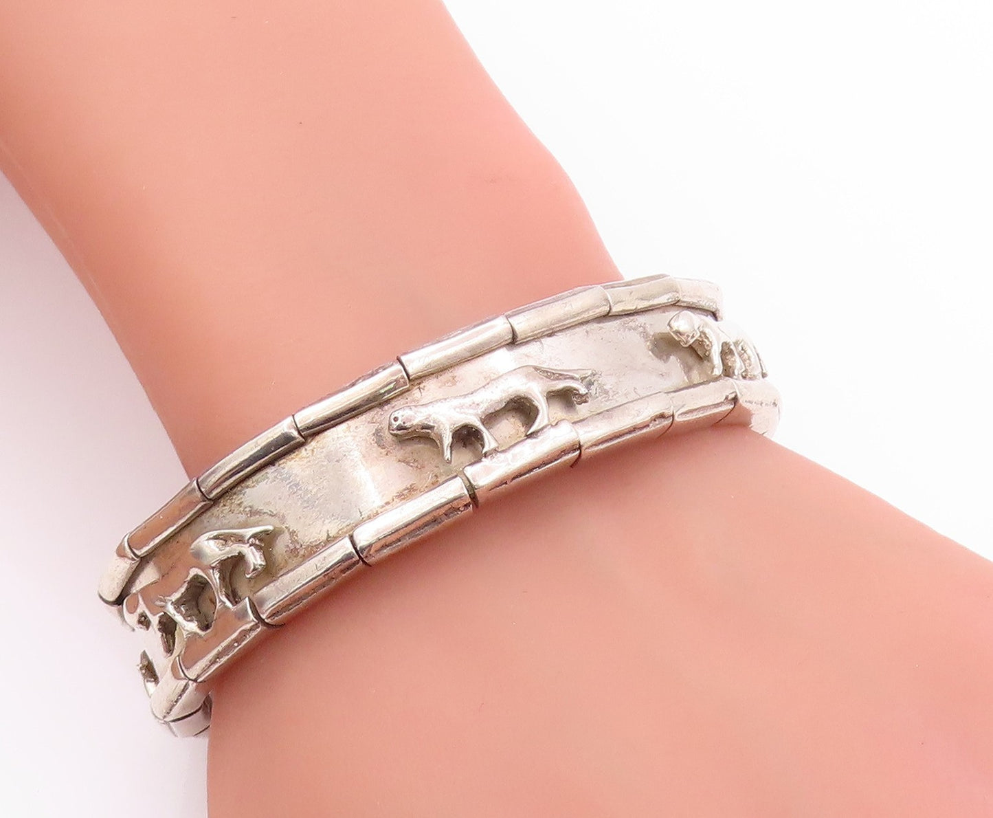 925 Sterling Silver Vintage Bracelet SHEILA Solid Walking Tigers Cuff  BT11193
