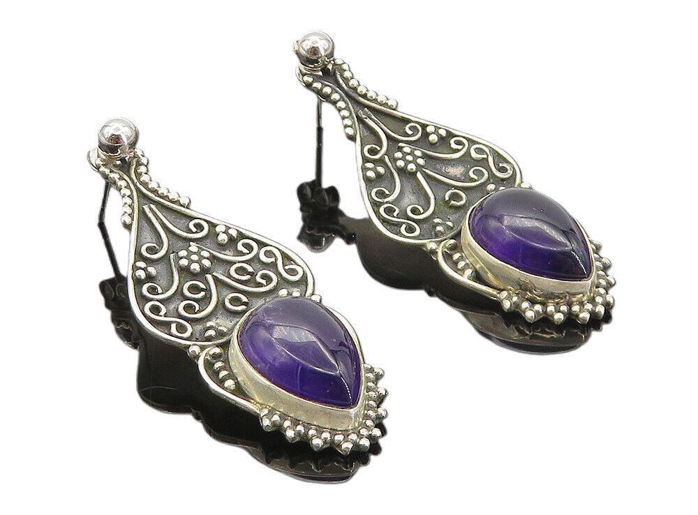 925 Sterling Silver  Vintage Amethyst Oxidized Swirl Drop Earrings  EG3069