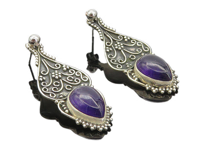 925 Sterling Silver  Vintage Amethyst Oxidized Swirl Drop Earrings  EG3069