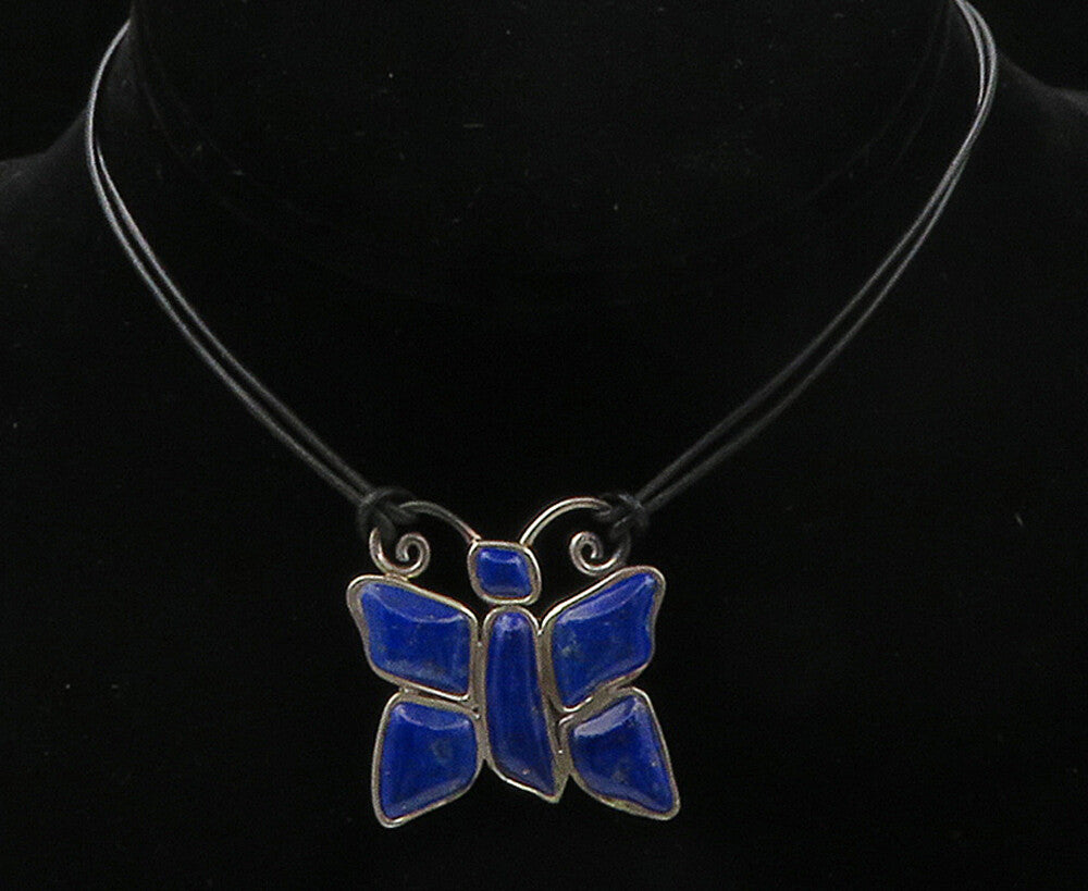 BARSE 925 Silver  Vintage Lapis Lazuli Butterfly Motif Chain Necklace  NE2478