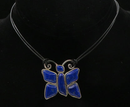 BARSE 925 Silver  Vintage Lapis Lazuli Butterfly Motif Chain Necklace  NE2478