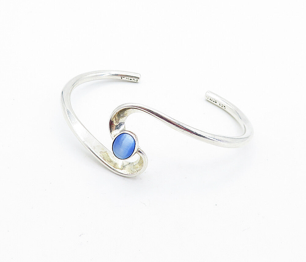 MEXICO 925 Sterling Silver  Vintage Blue Cat's Eye Topaz Cuff Bracelet  BT2751