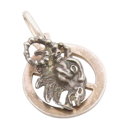 925 Sterling Silver Vintage Pendant Carved Ram Head Aries Zodiac Medal  PT25703