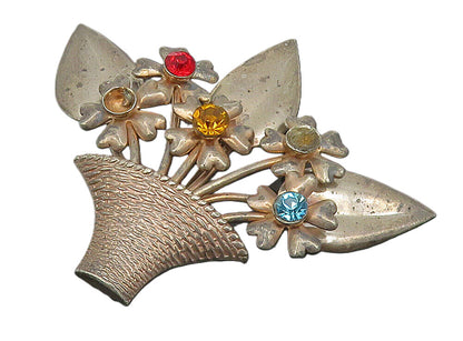 925 Sterling Silver  Vintage Topaz & Citrine Flower Basket Brooch Pin  BP6347
