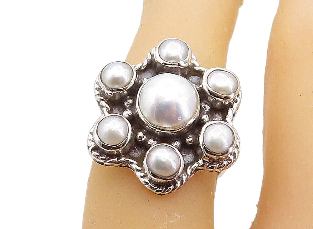 925 Sterling Silver  Freshwater Pearls Floral Cocktail Ring Sz 6.5  RG7827