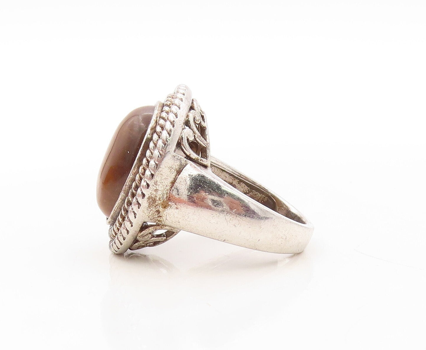 925 Sterling Silver Vintage Ring Tigers Eye Halo Twisted Rope  Sz 7.5  RG31071