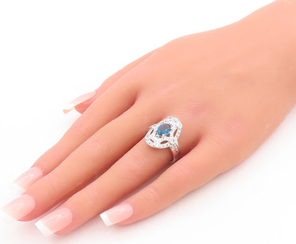 925 Sterling Silver Vintage Ring Oval Design Cut 2 Tone Topaz  Sz 7  RG29399