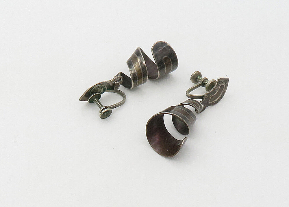 TAXCO 925 Sterling Silver  Vintage Ribbon Swirl Non Pierce Earrings  EG10675