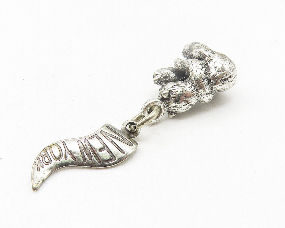 925 Sterling Silver  Vintage Sitting Bear & Fish New York Drop Pendant  PT9374