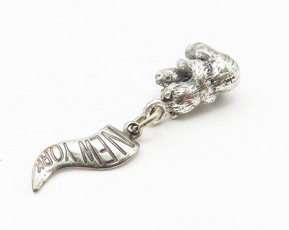 925 Sterling Silver  Vintage Sitting Bear & Fish New York Drop Pendant  PT9374