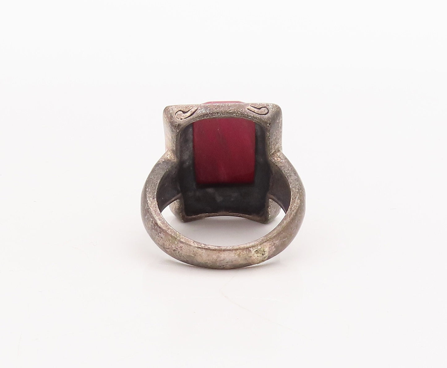 925 Sterling Silver Vintage Ring Square Red Gemstone Floral Carved Sz 8  RG29294
