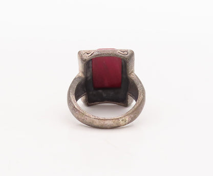 925 Sterling Silver Vintage Ring Square Red Gemstone Floral Carved Sz 8  RG29294