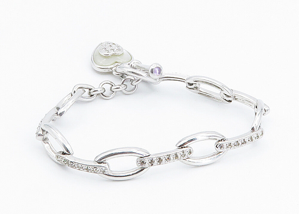 JENNA NICOLE 925 Silver  Mother Of Pearl & Topaz Heart Chain Bracelet  BT3485