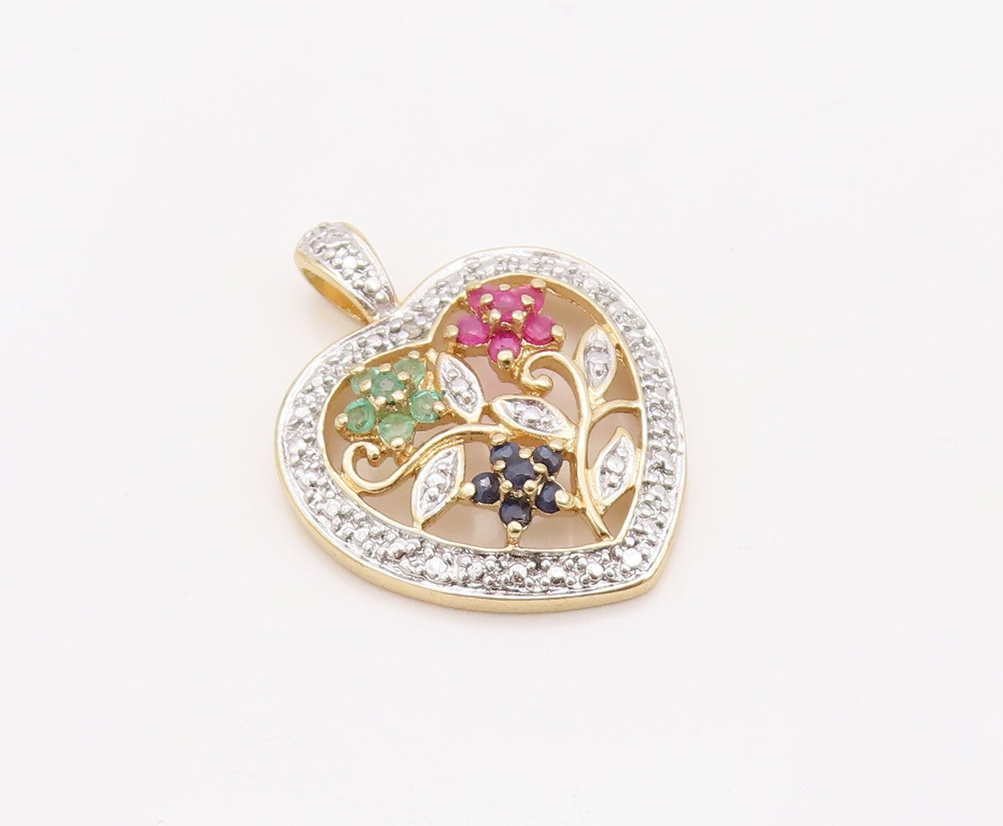 925 Sterling Silver Vintage Pendant Gold Plated Floral Gemstone Heart  PT23510
