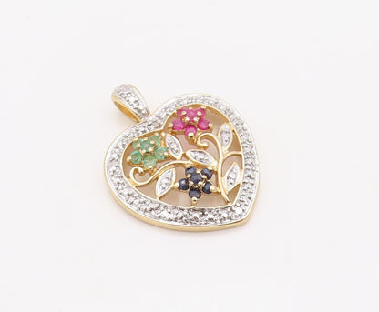 925 Sterling Silver Vintage Pendant Gold Plated Floral Gemstone Heart  PT23510