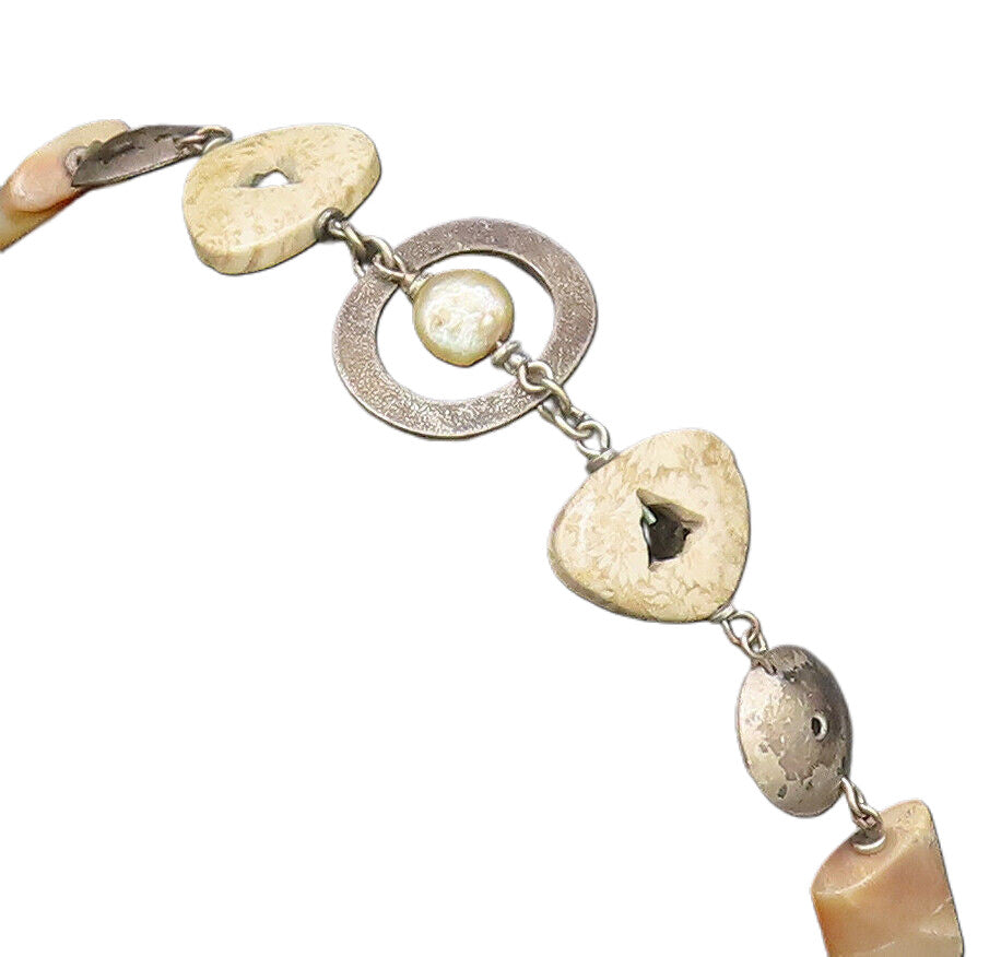 925 Silver  Vintage Mother Of Pearl Black Spinel & Agate Chain Bracelet BT9675