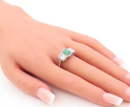 925 Sterling Silver Vintage Ring Modernist Oval Emerald & Topaz  Sz 7.5  RG29752
